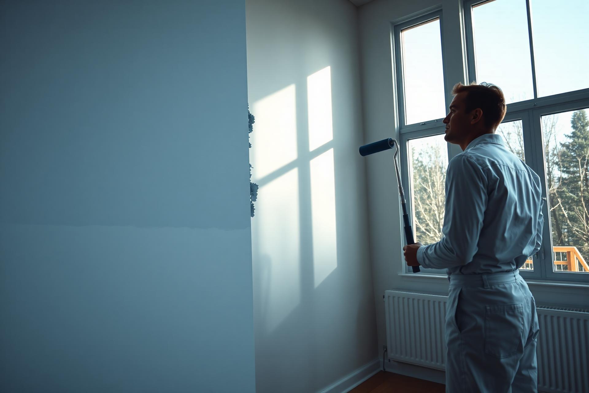 Professional painter rolling paint in a modern interior